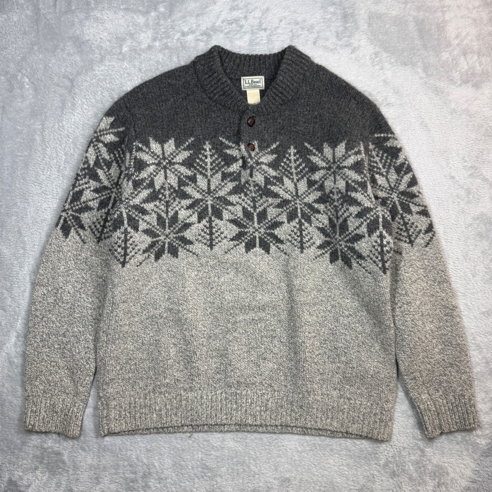 LL Bean Lambswool Sweater Mens L Gray Snowflake Henley Pullover Y2K
